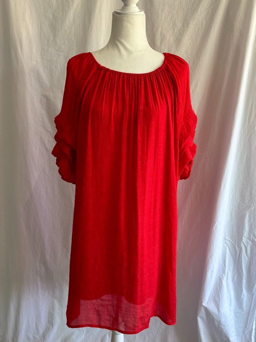Red Women's Dress Elastic Neck Off Shoulder Gathered Sleeve Sheath Sz L